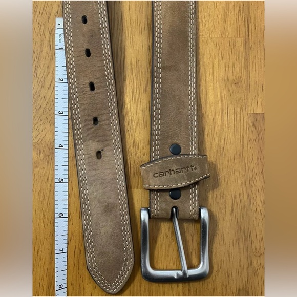 Carhartt Mens Belt Tan Italian Leather Suede Silver Tone Buckle Sz 54 Classic - Picture 8 of 12